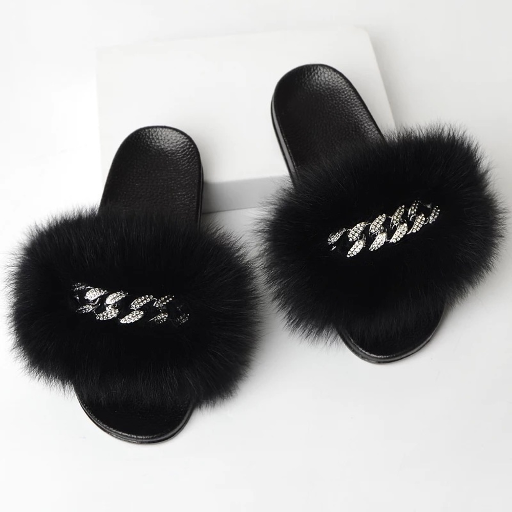 Burgundy fox fur slippers
